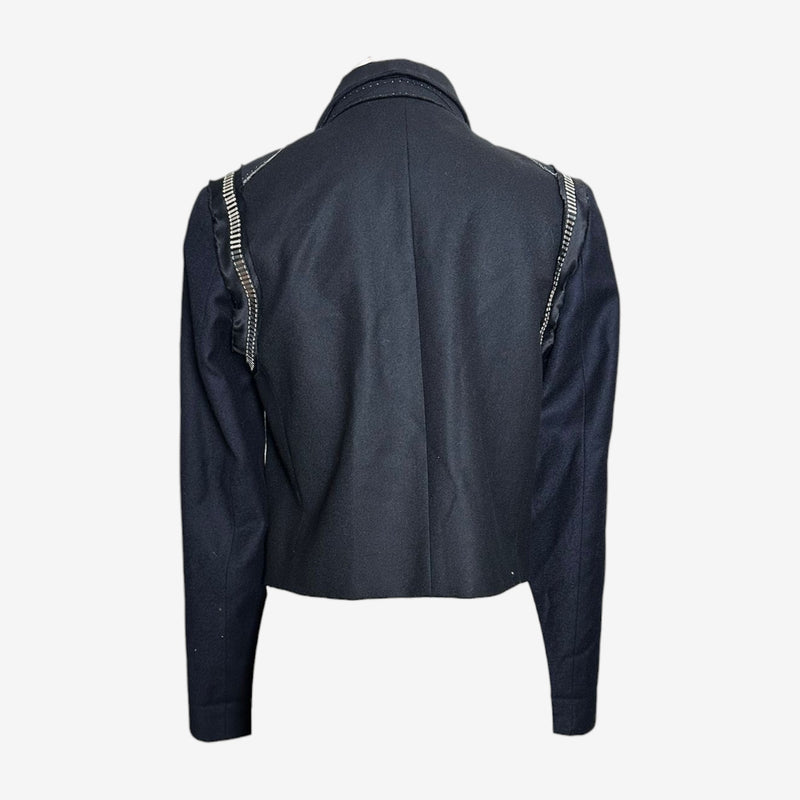 Back view of navy Chloé wool riding jacket with metallic trim details