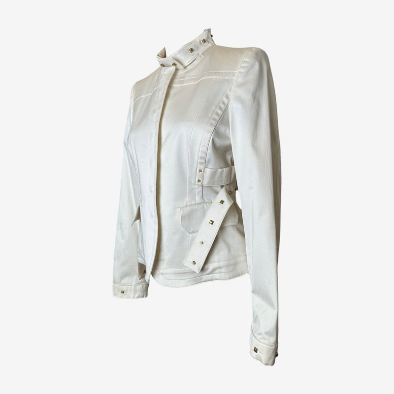 White cotton military jacket by Gucci, adjustable side belt with stud detailing