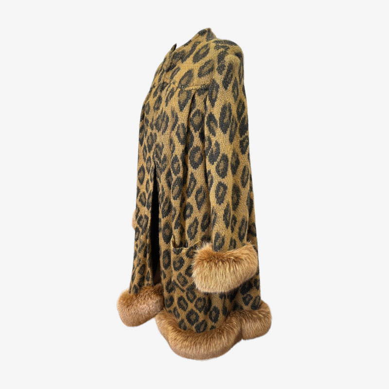 Valentino leopard cashmere coat detail, golden brown fox fur cuff trim