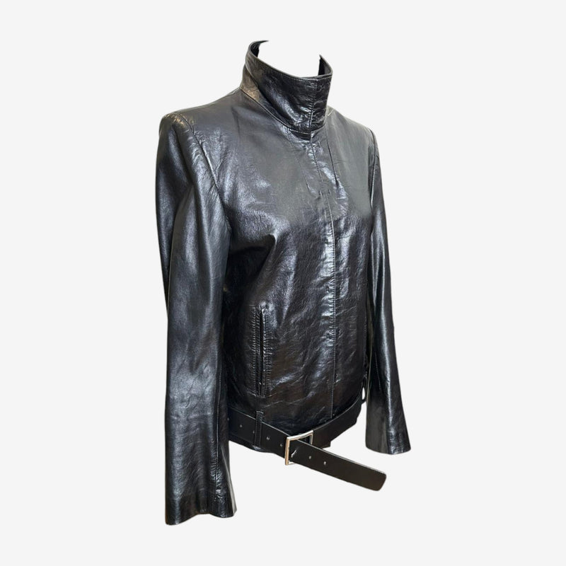 Black leather jacket by Ann Demeulemeester, adjustable waist belt with silver buckle
