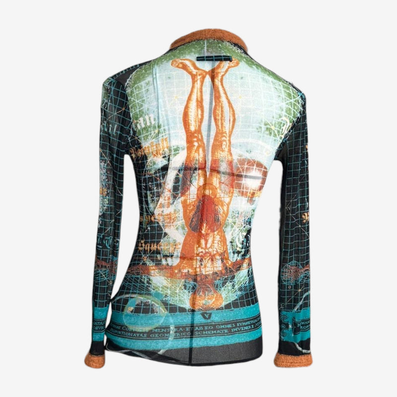 Jean Paul Gaultier mesh top detail showing spine print with Latin text and scientific diagrams