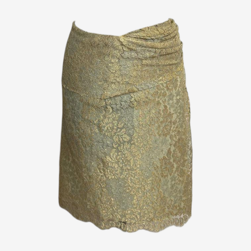 Gold metallic lace wrap skirt by Blumarine, back view with side zip closure
