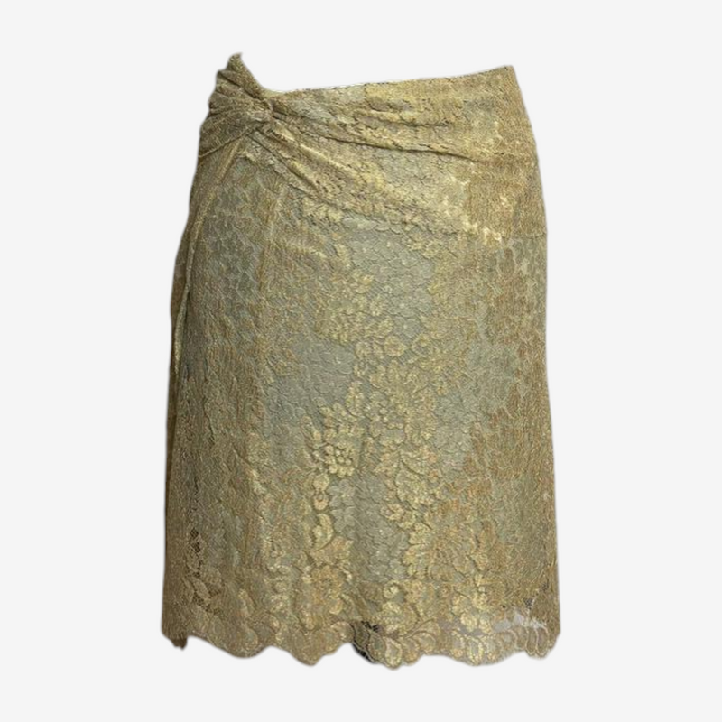 Gold metallic lace wrap skirt by Blumarine, asymmetrical wrap construction with twisted waistband detail