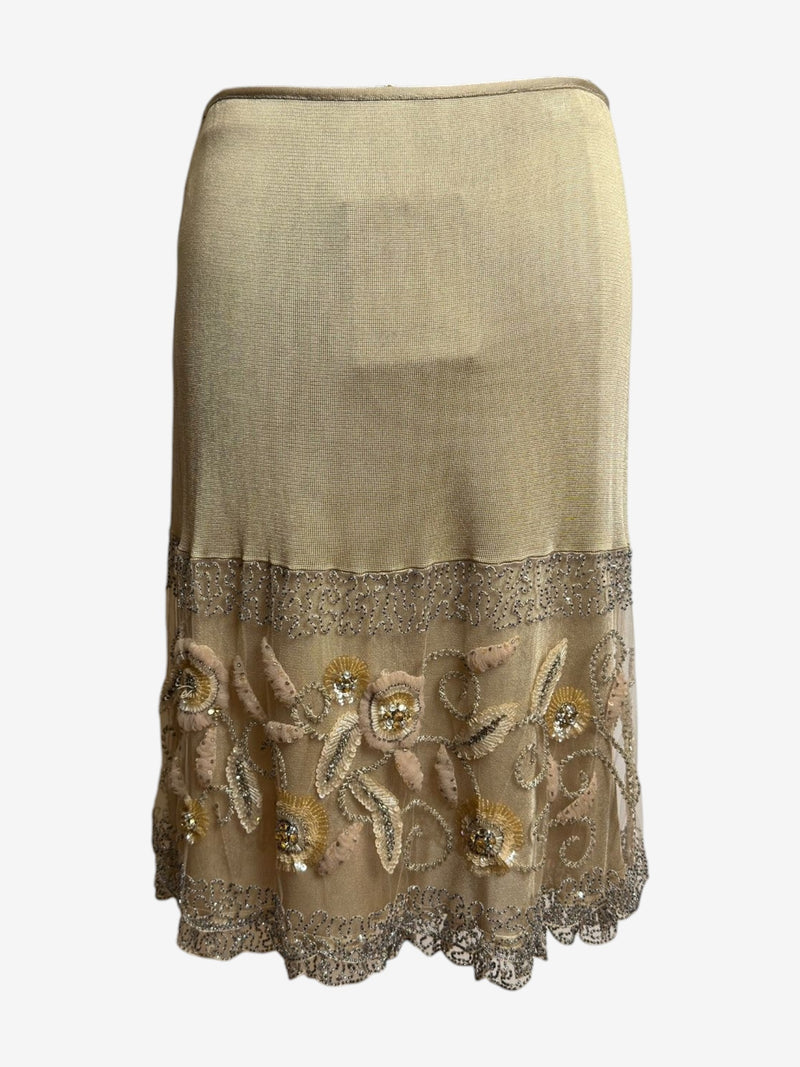 Beige silk skirt by Valentino, hand-applied beadwork and embroidered motifs