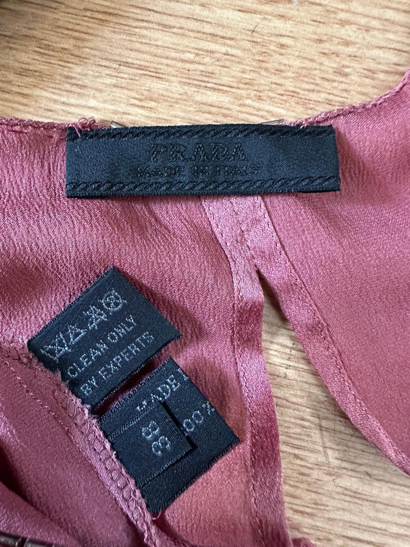 Prada F/W 1997 Rose Satin Slip Dress With Silver Bugle-Bead Trim And Tie Belt