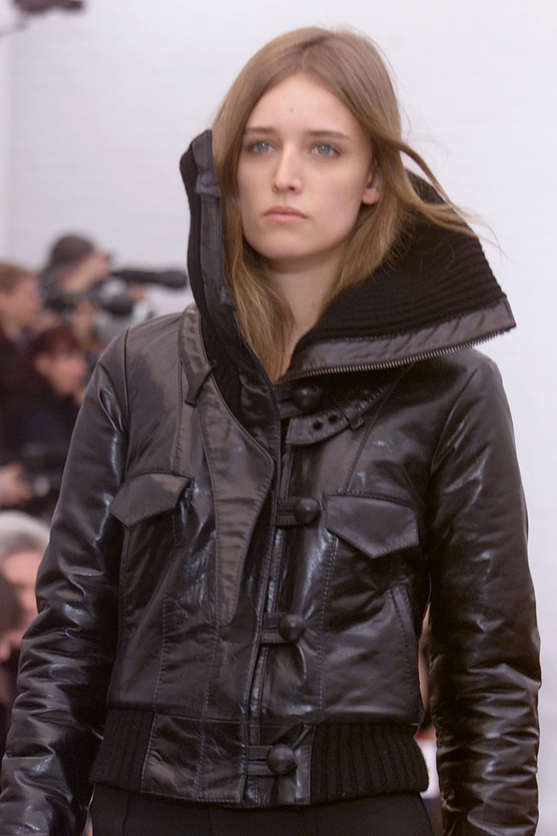 Balenciaga F/W 2002 runway detail, leather bomber jacket spherical buttons