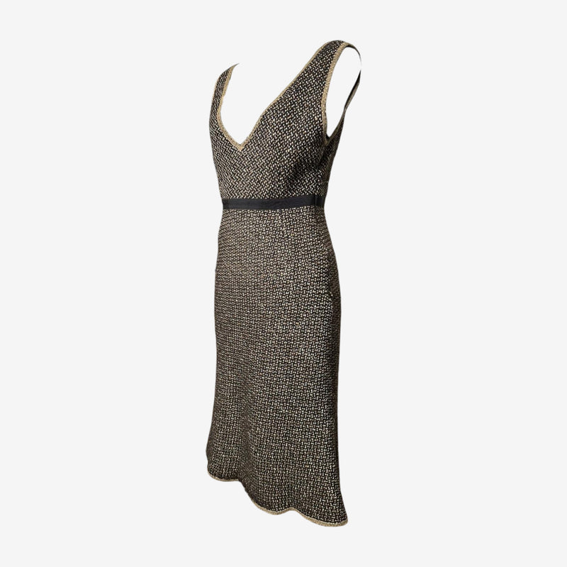Prada F/W 2000 tweed dress, back view showing sleeveless design and midi length