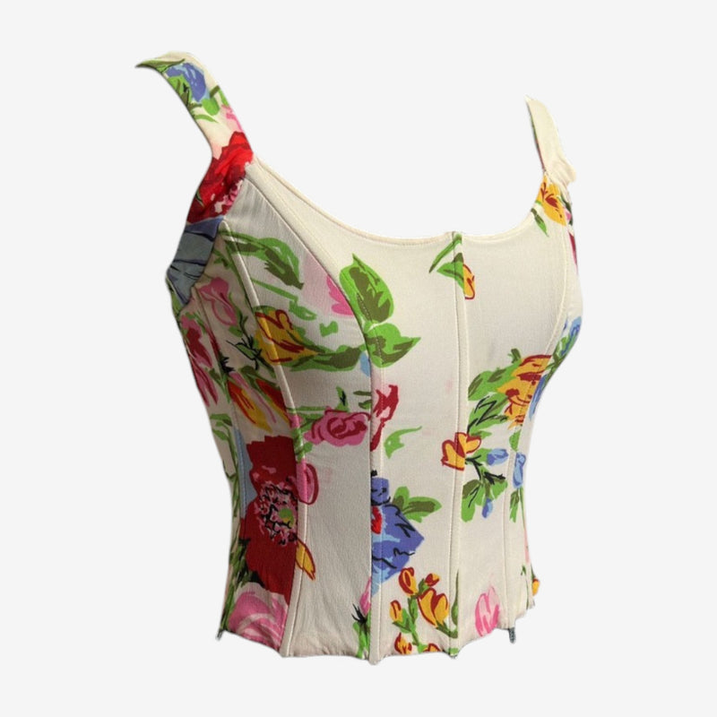 Back view of cream floral corset top by Dolce & Gabbana showing zip closure and vertical seaming details