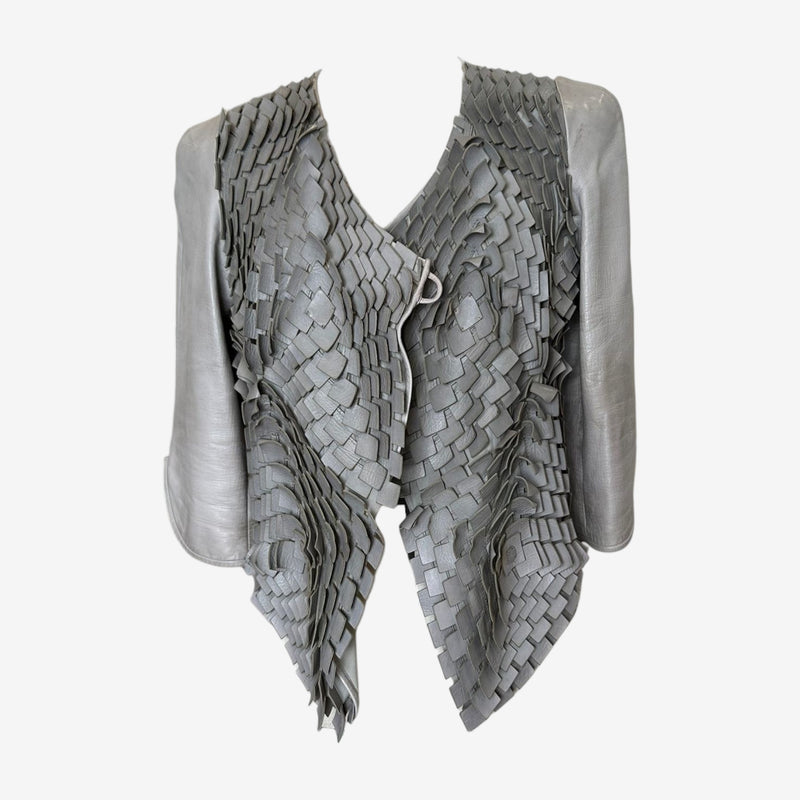 Grey woven leather jacket by Giorgio Armani, interlaced strip construction with dimensional texture