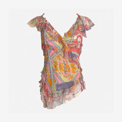 Christian Dior by John Galliano S/S 2005 Printed Silk Chiffon Ruffled Top