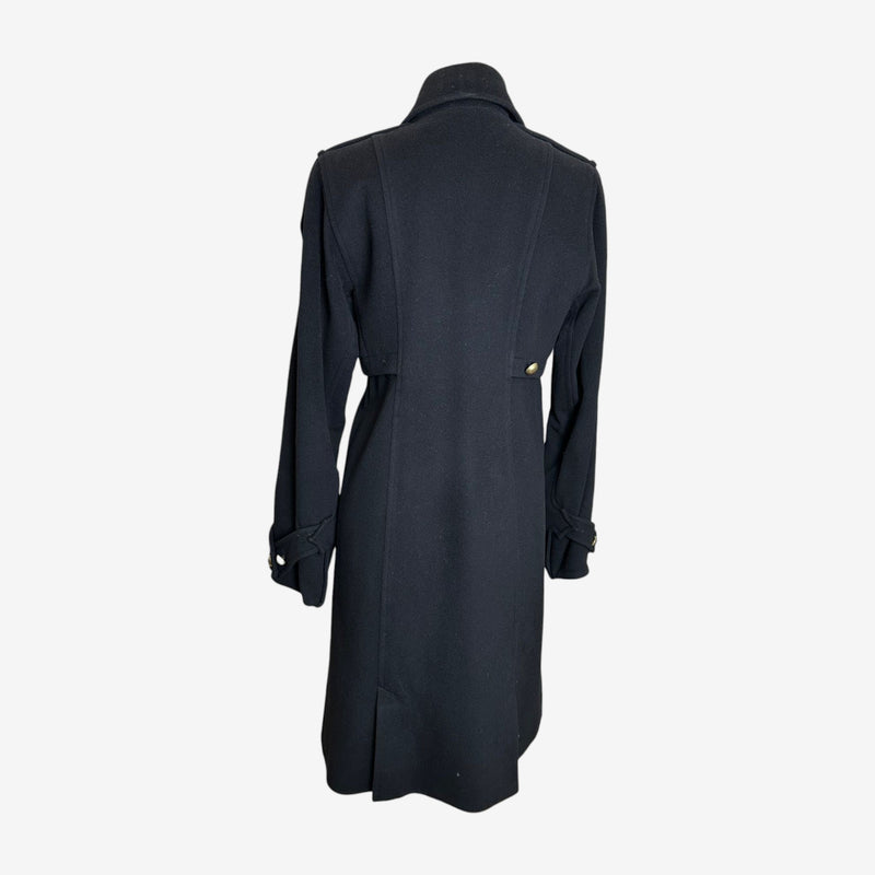 Gold-tone brass buttons and button cuffs detail on navy Yves Saint Laurent military coat