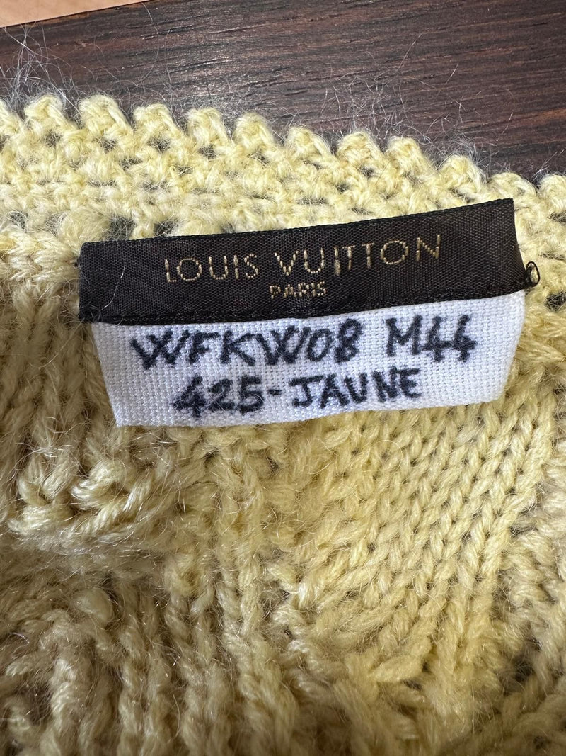 Beige cotton blend cable knit tank by Louis Vuitton, overhead view of wide shoulder straps and neckline
