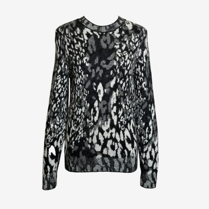 Black and white snow leopard jacquard knit sweater by Saint Laurent, crew neckline with ribbed trim