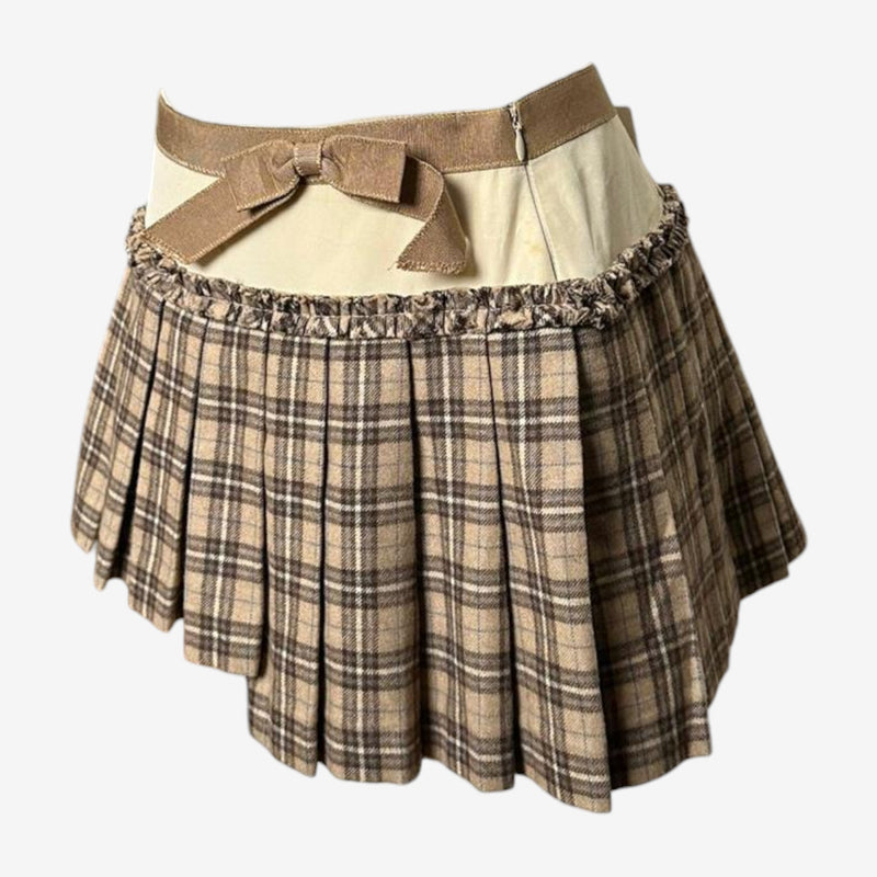 Brown and beige tartan pleated mini skirt by Dolce & Gabbana, back view showing elasticated waist and flared hem