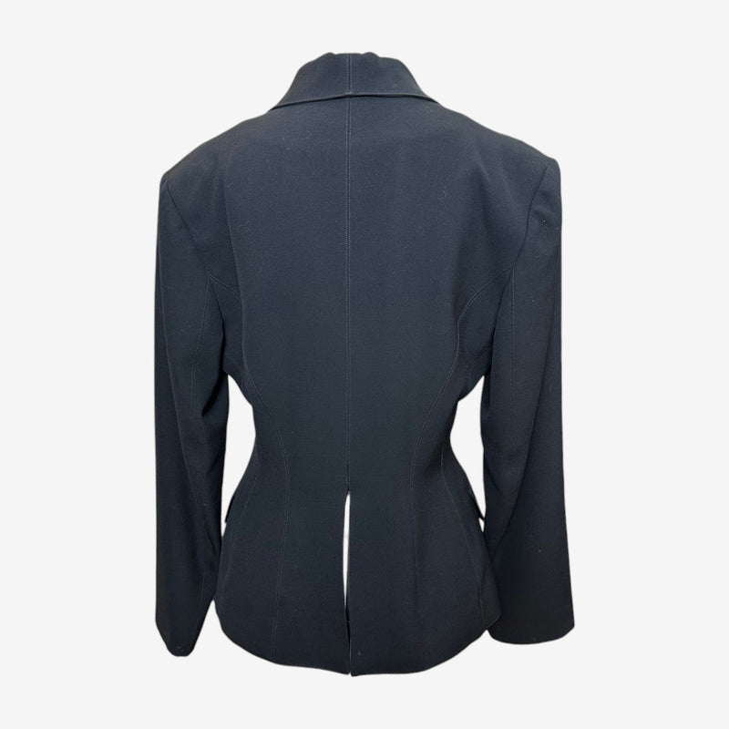 Navy Alaïa blazer, close-up of shawl collar and asymmetrical front closure