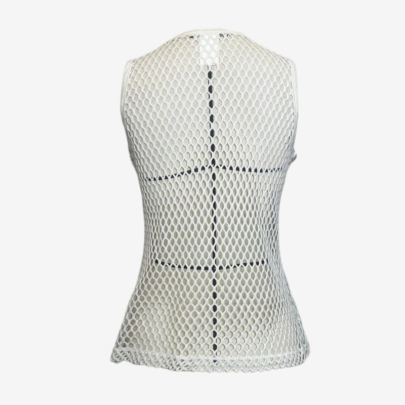 White cotton fishnet tank top by Dolce & Gabbana, side view showing close-fitted silhouette