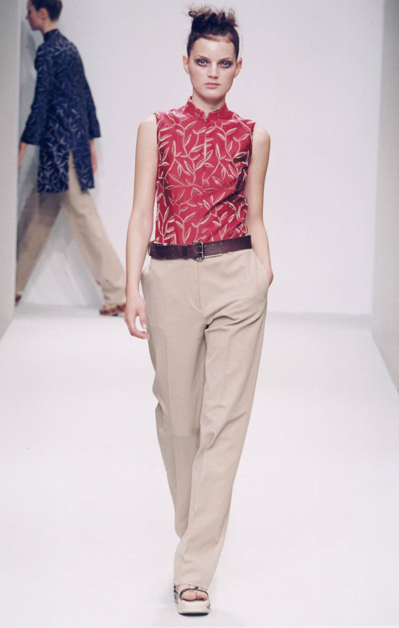 Deep red silk sleeveless top by Prada, botanical leaf embroidery detail