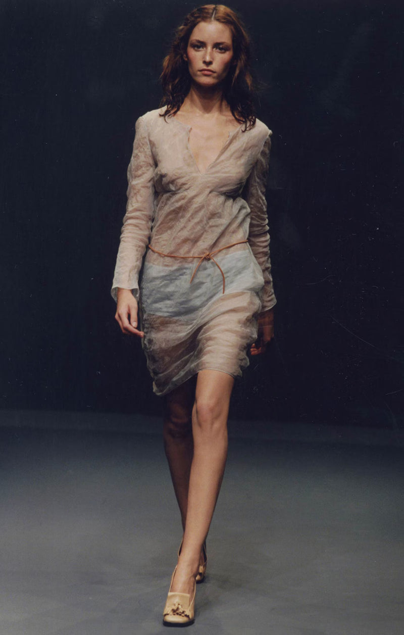 Prada grey sheer silk organza dress, crinkled finish with raw edge sleeves