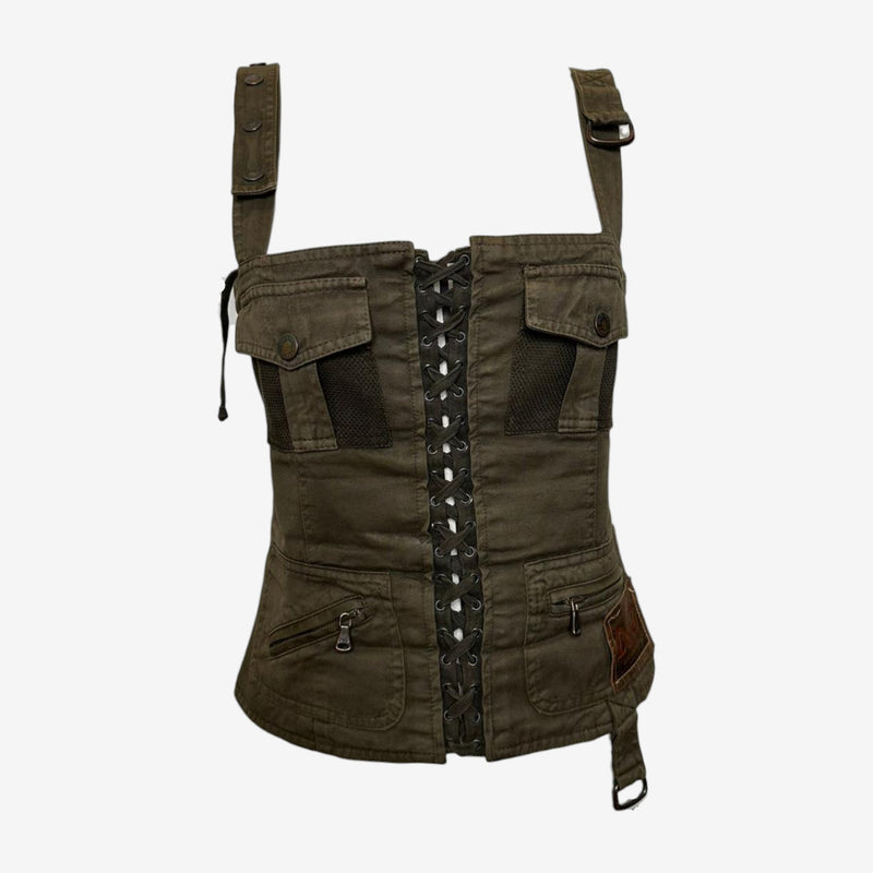 Olive green cotton canvas bustier by Dolce & Gabbana, black leather lace-up corset center front