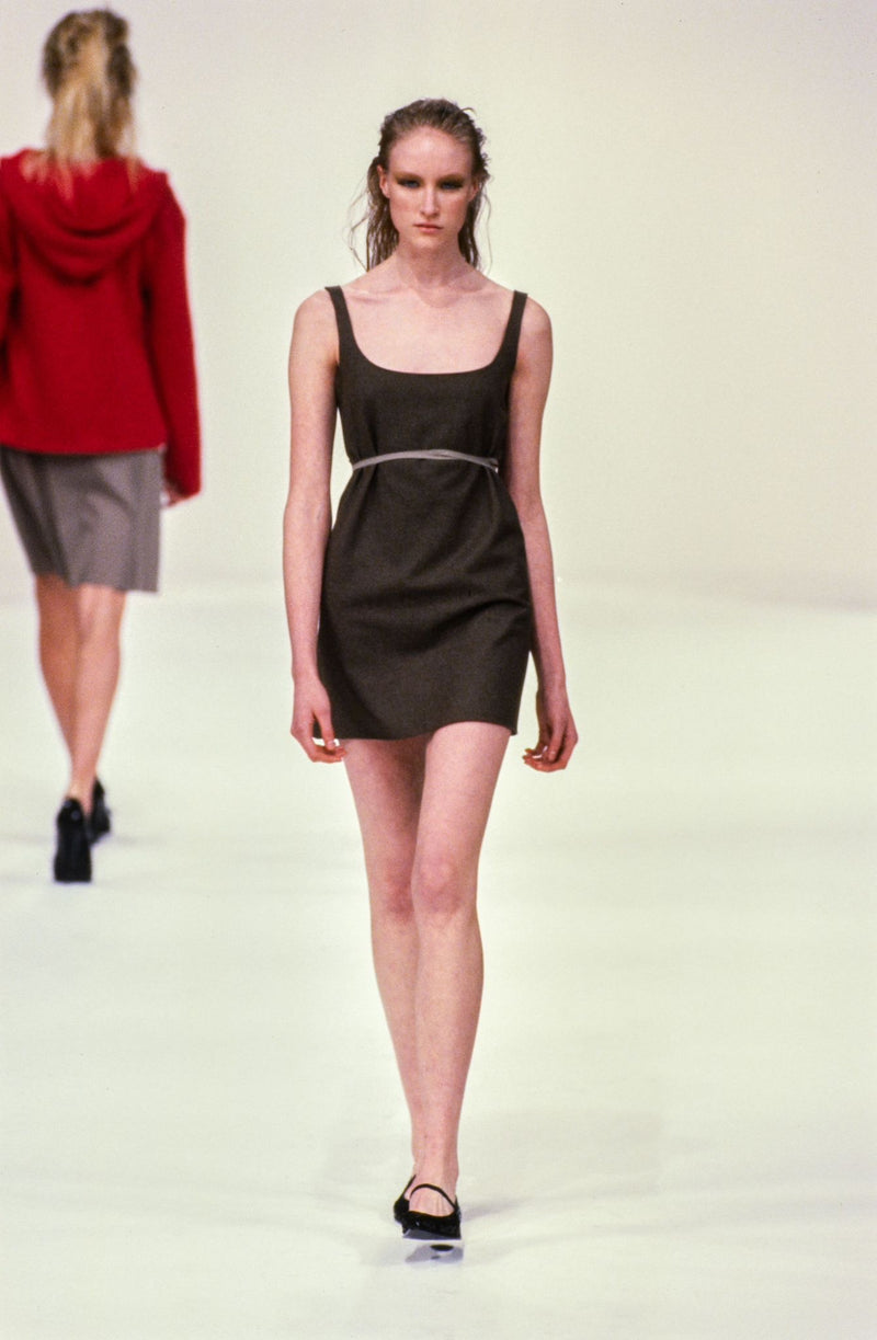 Grey midi dress by Miu Miu, scoop neckline and shoulder straps