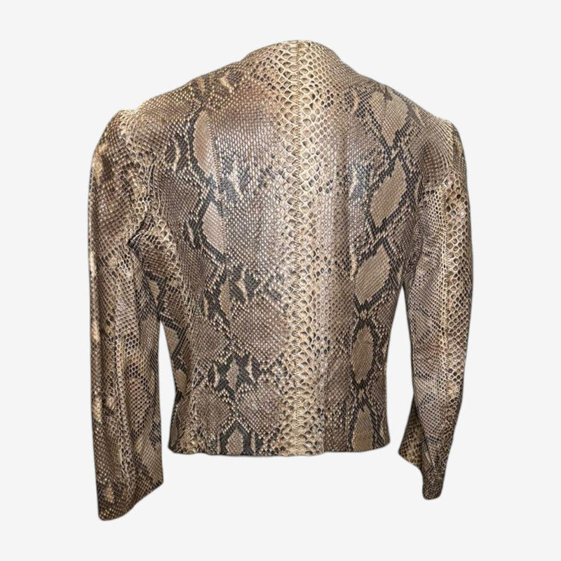 Beige, brown and black python leather jacket by Plein Sud, back view with clean seaming