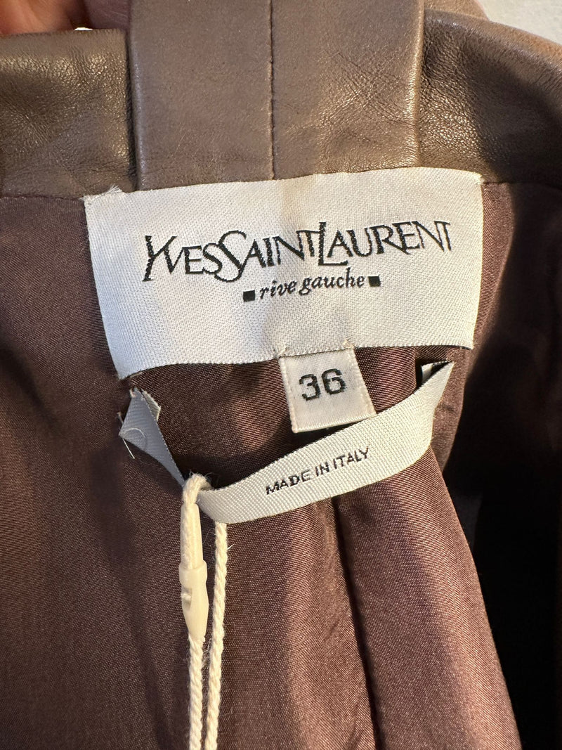 Brown leather wrap jacket by Yves Saint Laurent Tom Ford, flat lay showing proportions and belt