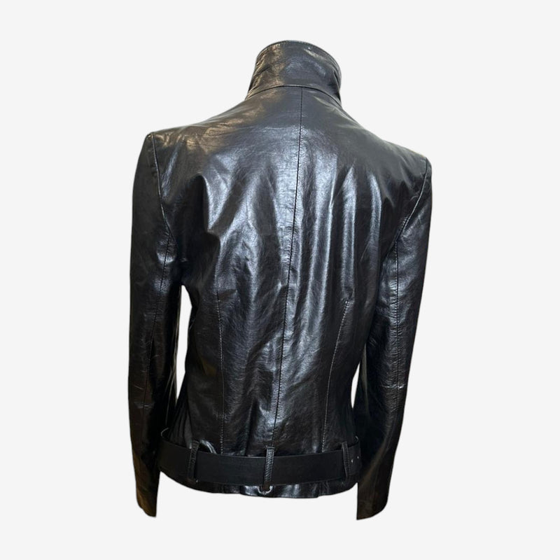 Black leather jacket by Ann Demeulemeester, back view with architectural tailoring