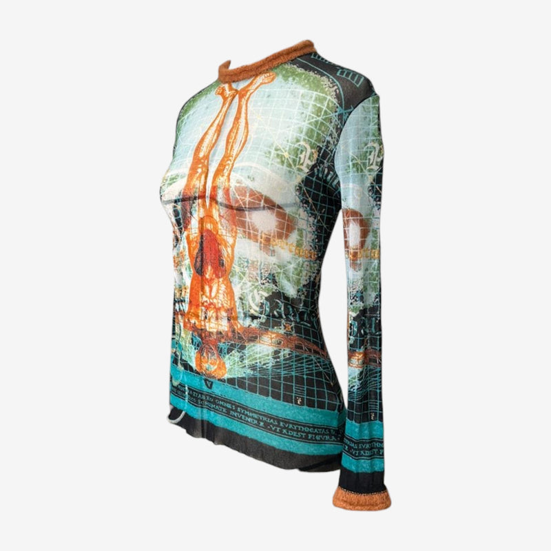 Black mesh top by Jean Paul Gaultier featuring photographic anatomical imagery in multicolor