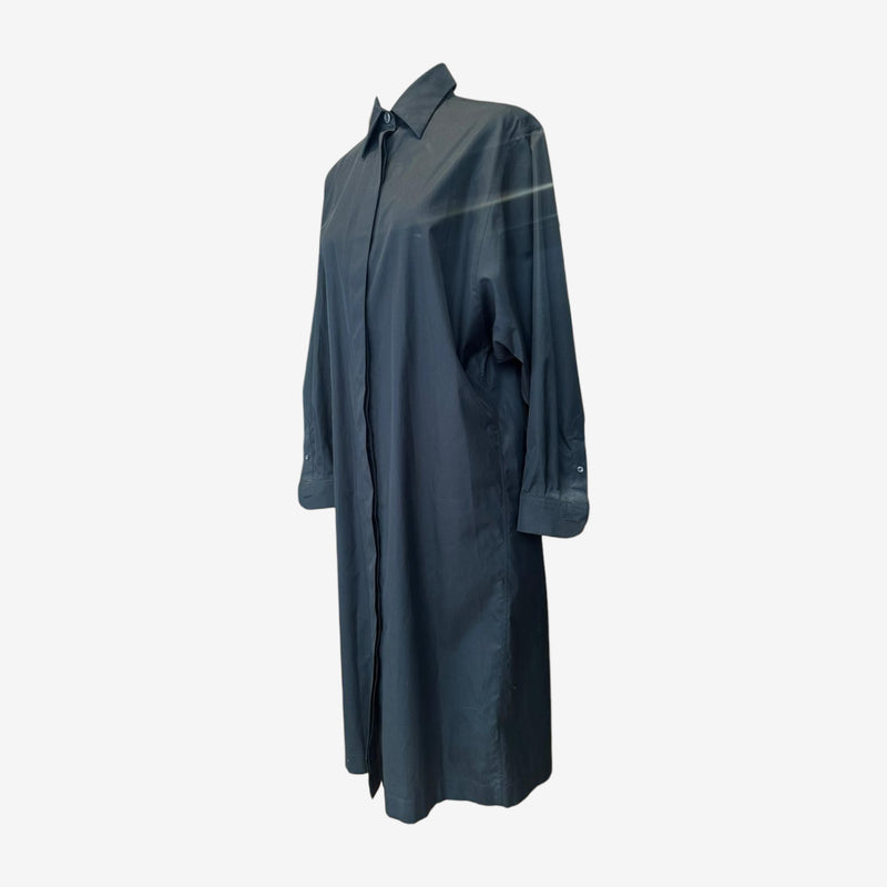 Charcoal cotton poplin shirt dress by Hermès designed by Martin Margiela, back view showing clean seaming