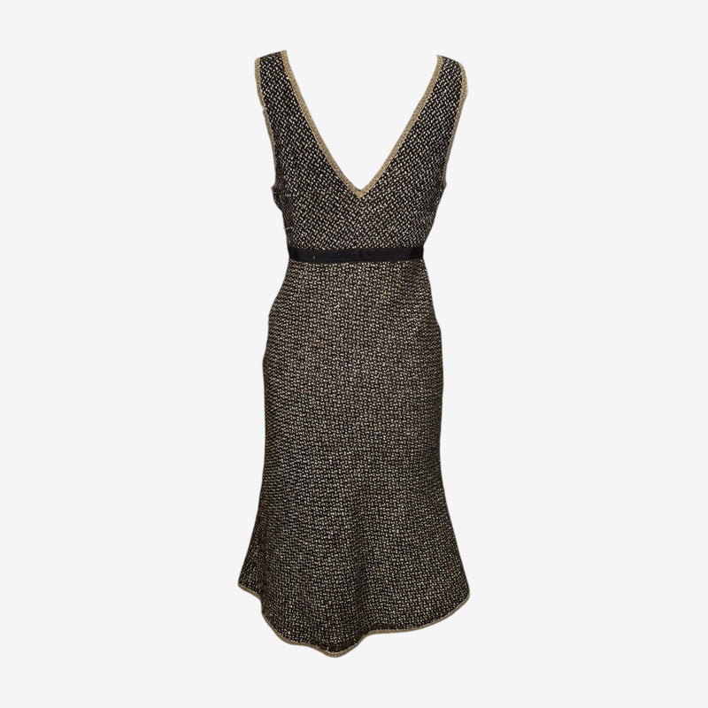 Beige and brown tweed midi dress by Prada, side profile with flared skirt silhouette