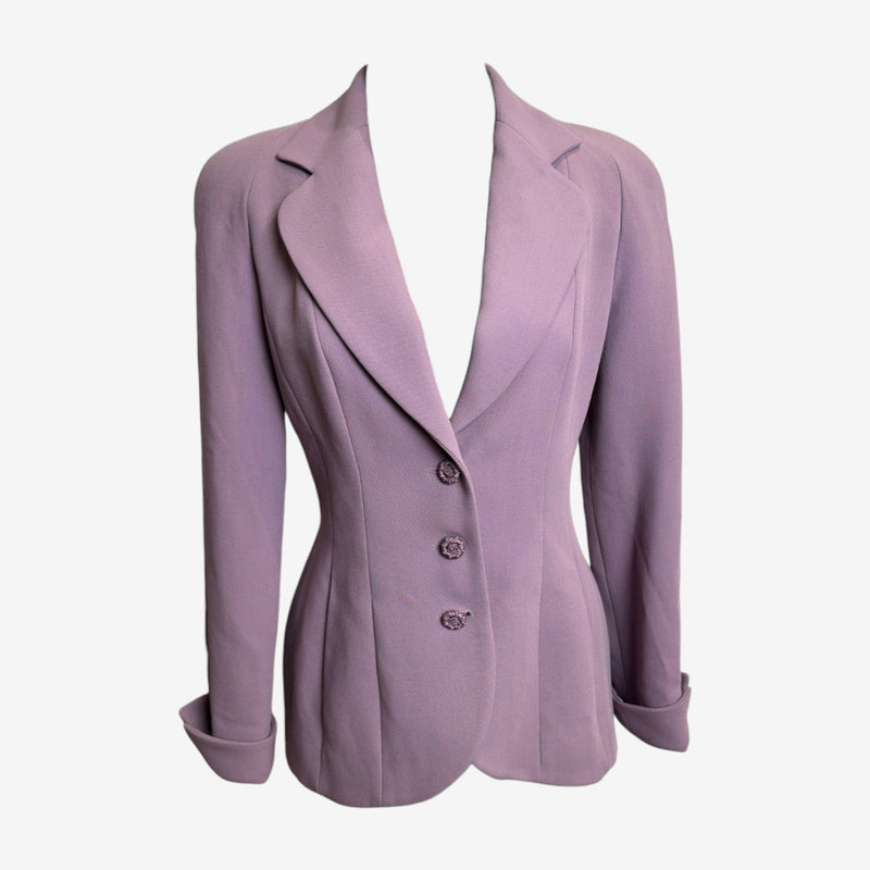 Dusty pink wool blazer by Christian Dior, front view with notched lapels and three-button closure