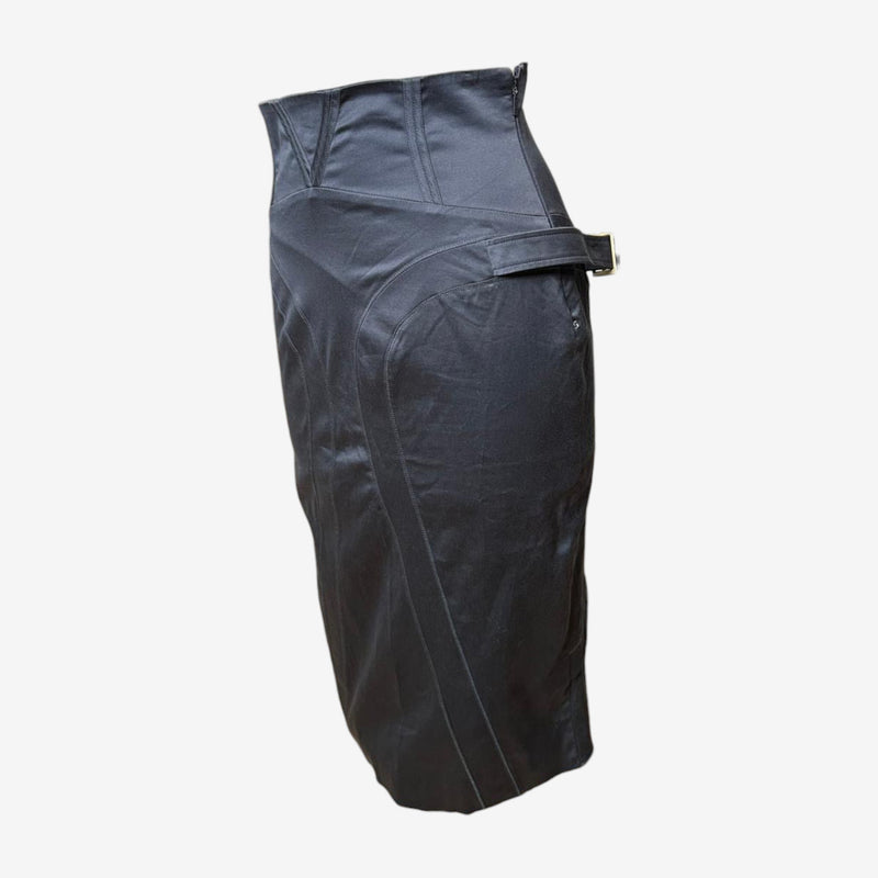 Gucci Tom Ford pencil skirt detail, V-shaped waistband panel and adjustable leather buckles