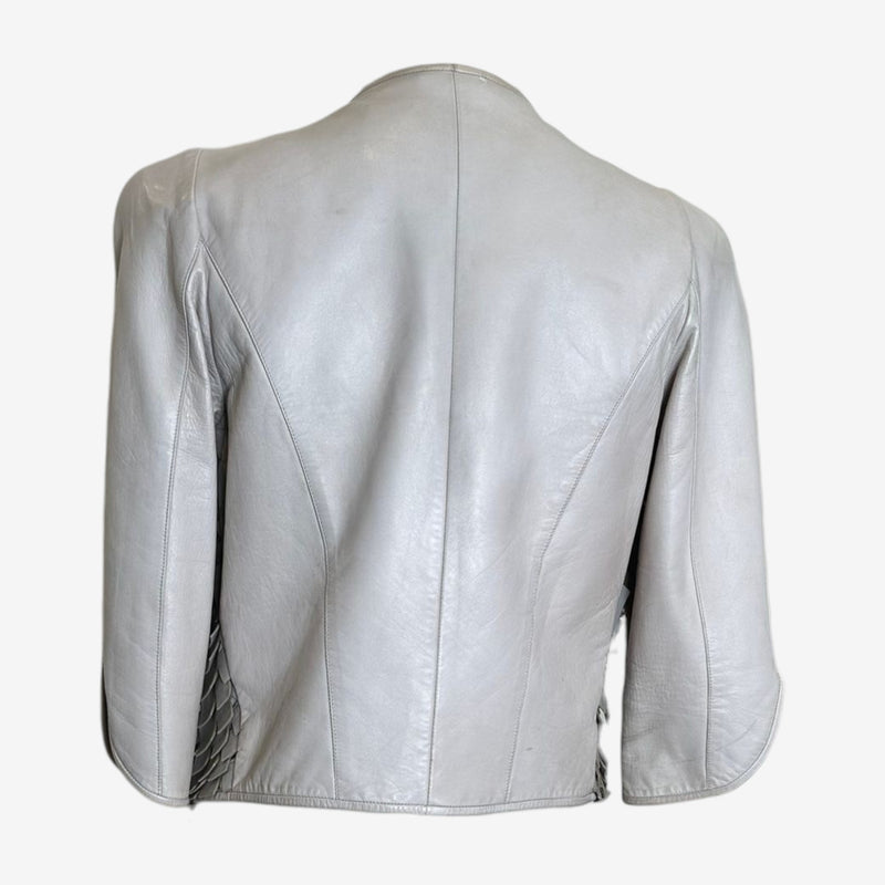 Grey woven leather jacket by Giorgio Armani, back view showing interlaced strip pattern and tailored fit