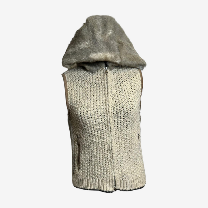 Prada vest front view showing open weave knit pattern and ribbed neckline detail