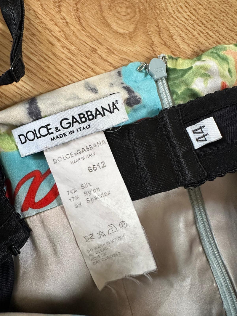 Dolce & Gabbana F/W 2000 Italie Souvenir Postcard Printed Silk Bustier Mini Dress