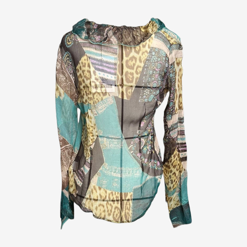 Patchwork silk blouse by Roberto Cavalli, close-up of metallic threading and fabric textures