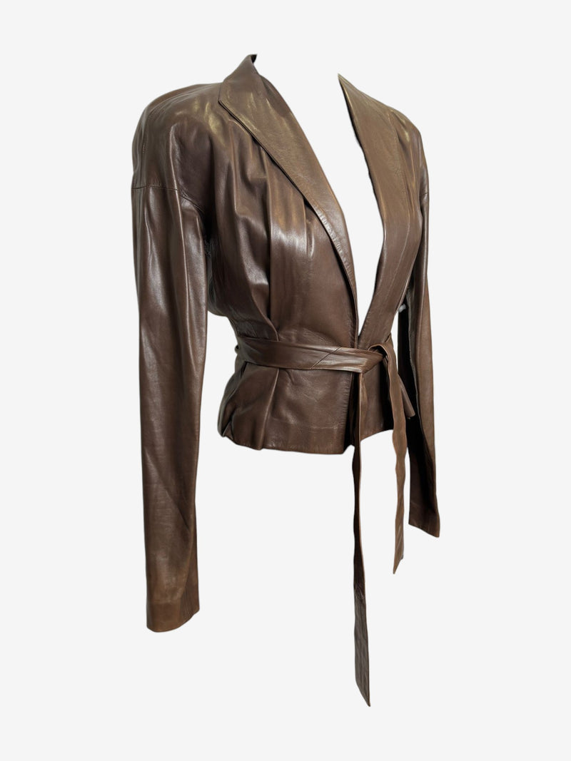 Brown leather wrap jacket by Yves Saint Laurent Tom Ford, adjustable leather belt detail