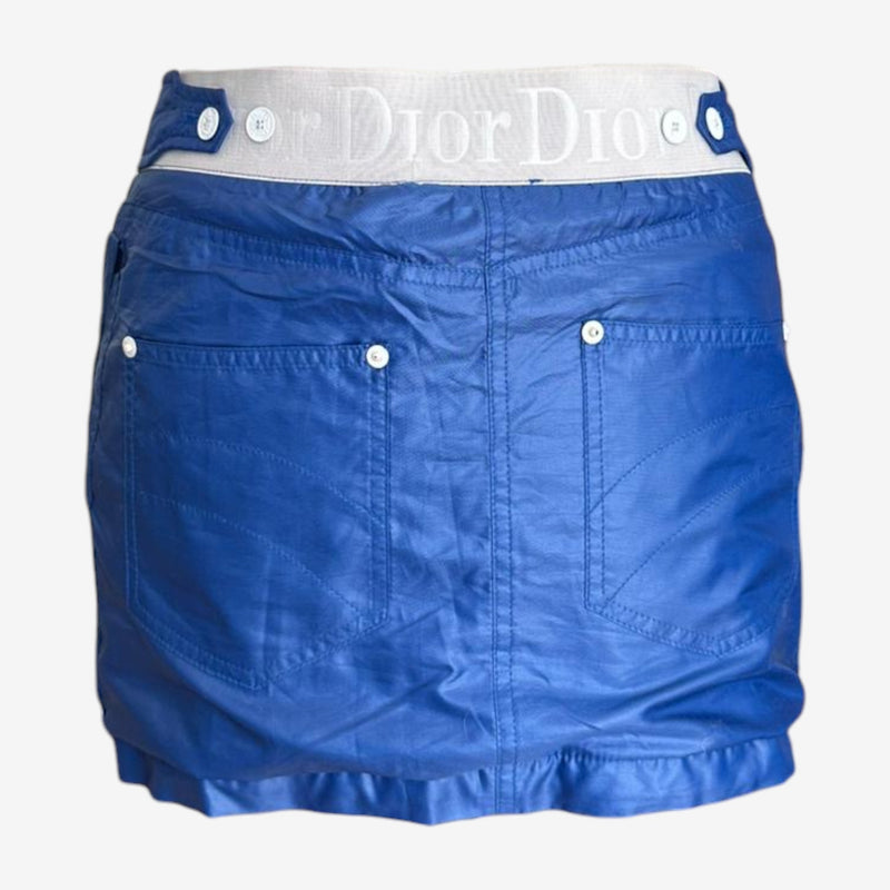 Blue nylon technical mini skirt by Christian Dior, detail of zipper pocket construction and hardware