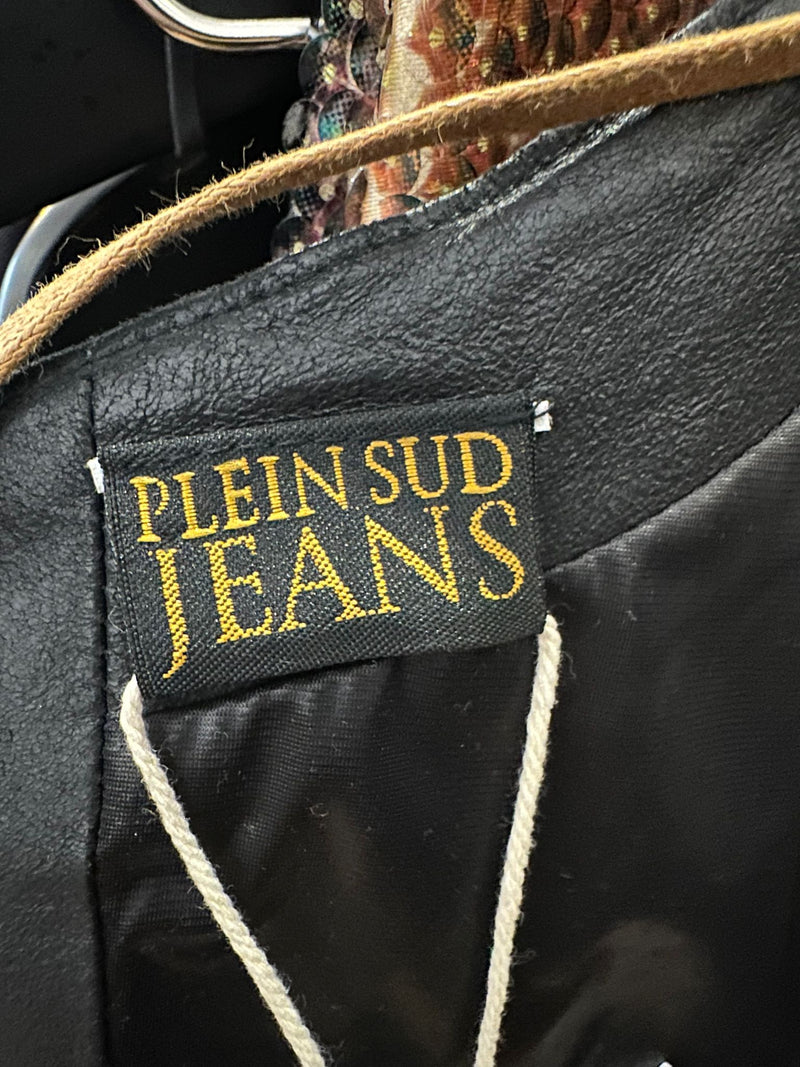 Python print leather halter top by Plein Sud, close-up of green and brown python pattern