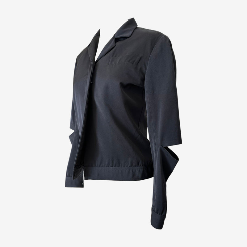 Back view of Helmut Lang cotton blazer with fitted silhouette and elasticated hem