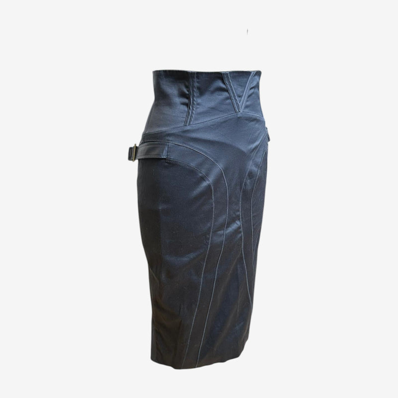Charcoal grey Gucci Tom Ford skirt, back view with kick pleat and zip closure