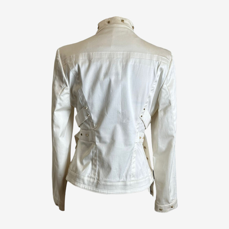 Gucci military jacket detail showing front zip closure and topstitching