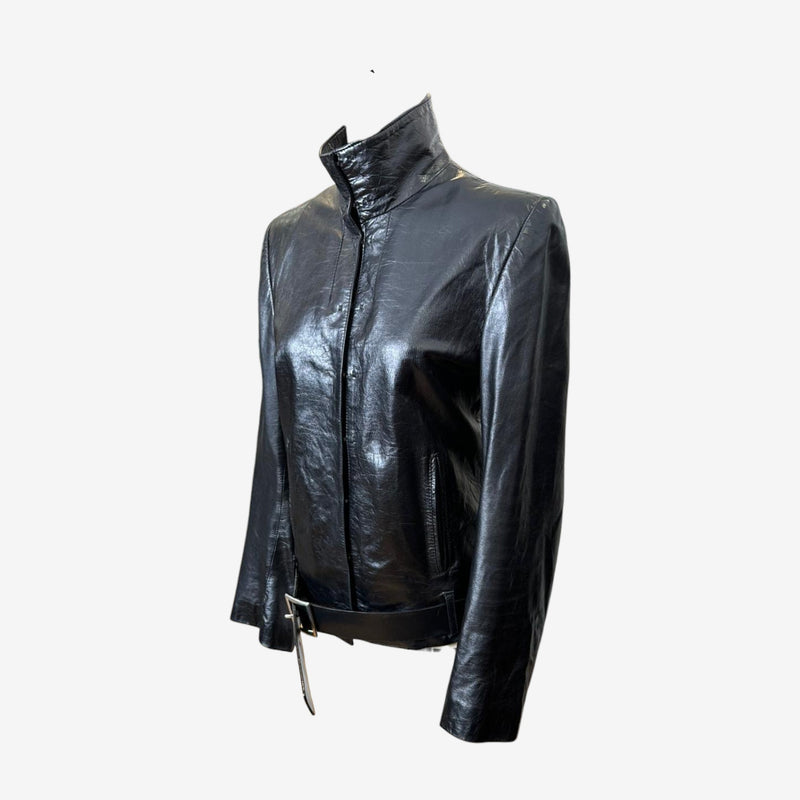 Ann Demeulemeester leather jacket, side profile showing fitted sleeves and seaming