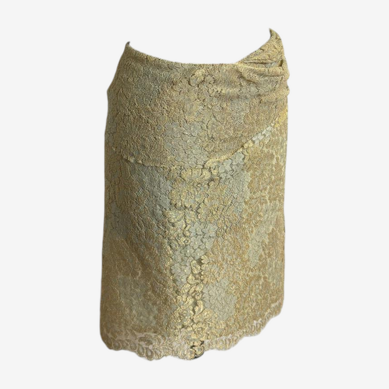 Gold metallic lace wrap skirt by Blumarine, detail of twisted fabric at waistband and wrap closure
