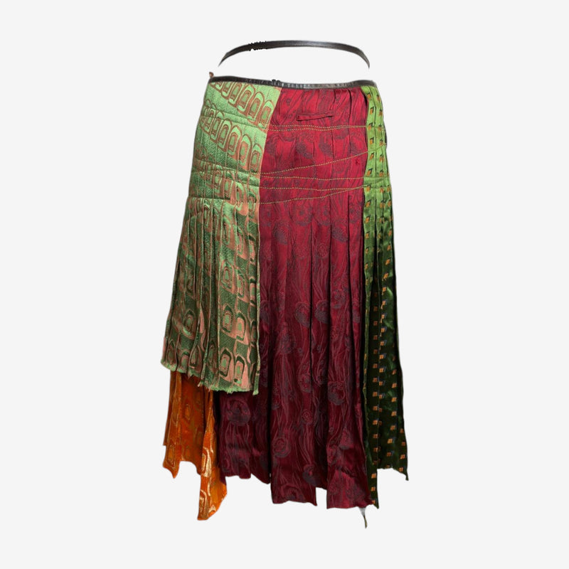 Multicolor patchwork brocade wrap skirt by Jean Paul Gaultier, grosgrain trimmed waistband detail