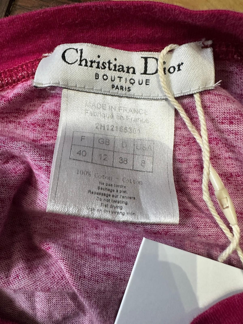 Flat lay of Dior cotton tank top showing magenta-to-coral ombre and J'adore lettering