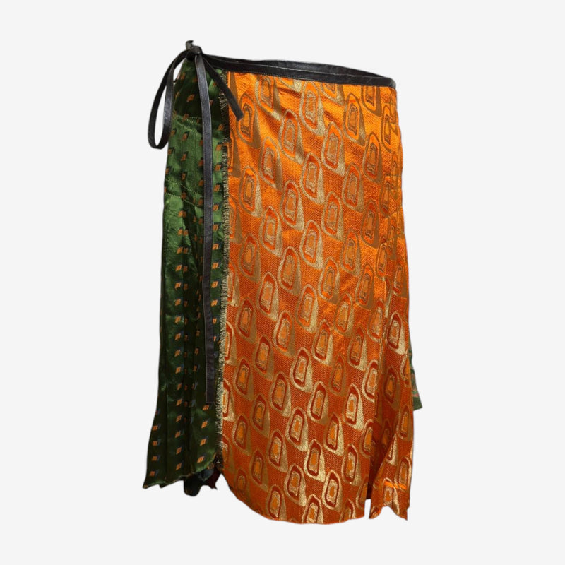Multicolored patchwork brocade silk wrap skirt by Jean Paul Gaultier, asymmetrical panels with geometric woven patterns