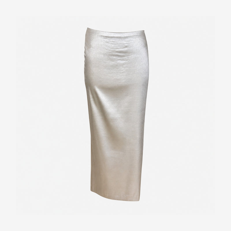 Silver metallic maxi skirt by Dolce & Gabbana, front view showing high-waisted fit and column silhouette