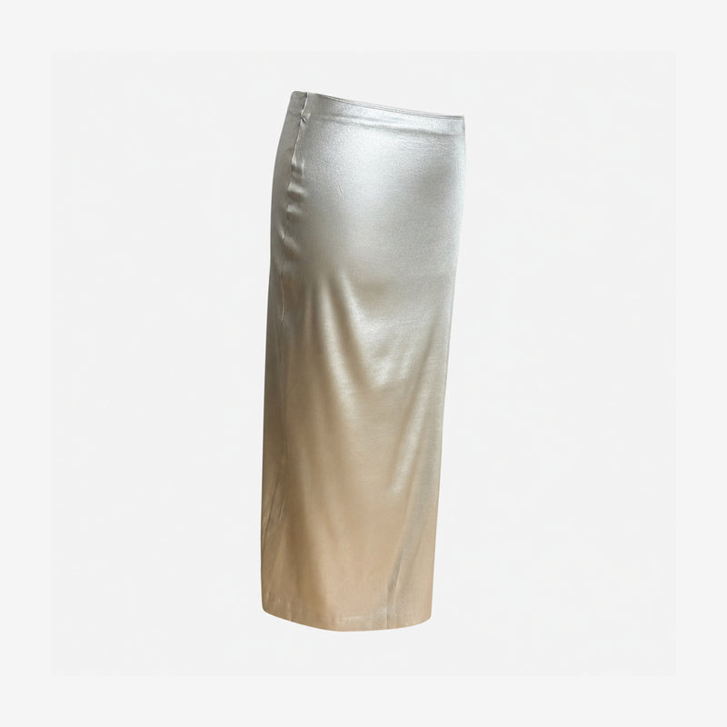 Silver lamé maxi skirt by Dolce & Gabbana, side profile displaying asymmetric hemline and draping