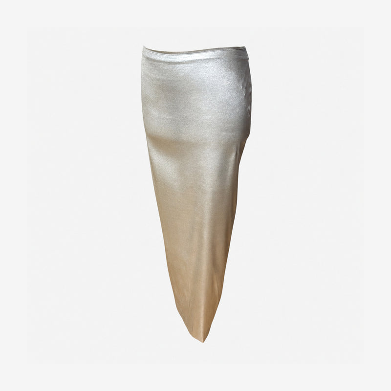 Silver metallic maxi skirt by Dolce & Gabbana, back view with ruched waistband detail